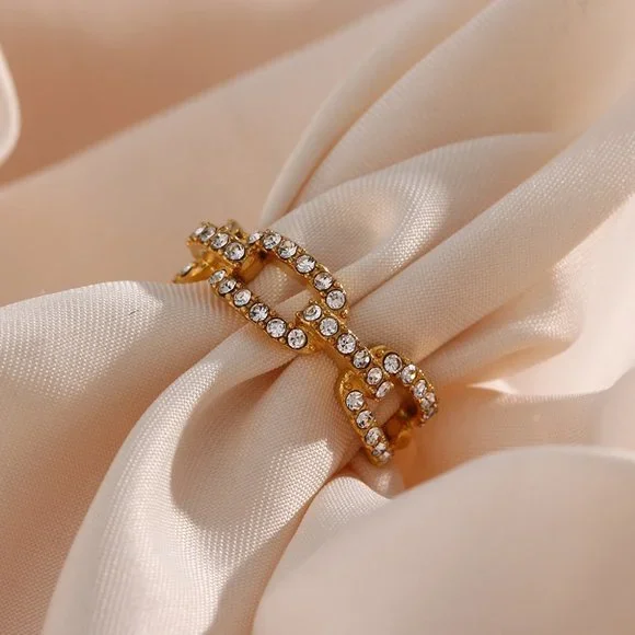 Chain Link Zircon‎ 18K Gold Plated Stainless Steel Ring Size 8 - Picture 5 of 12